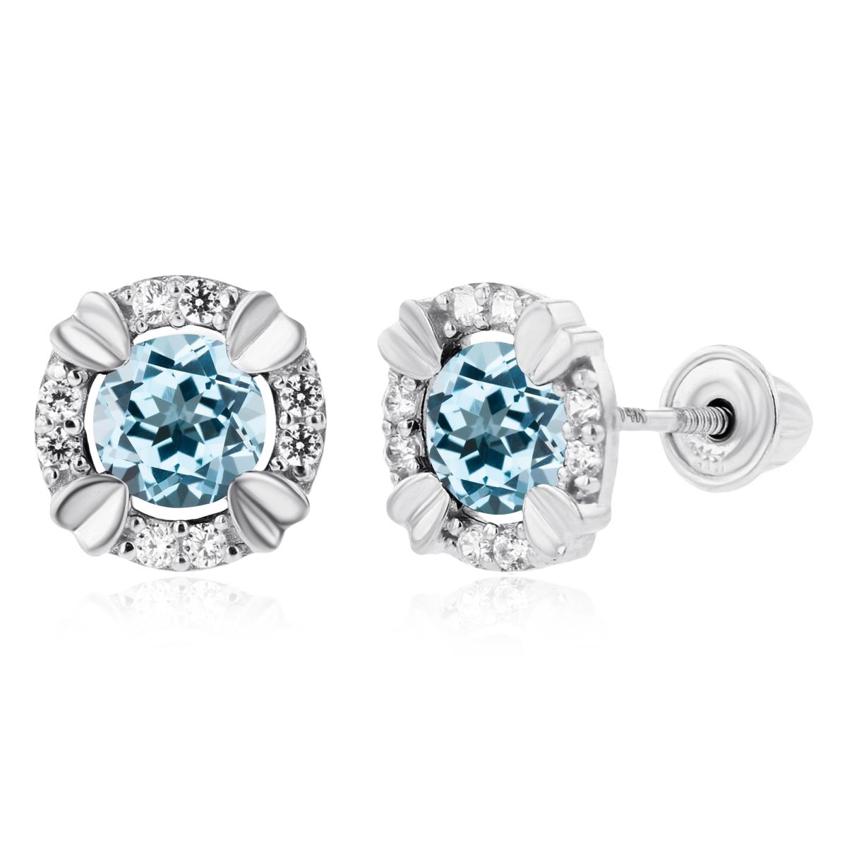 14K White Gold 4mm Round Sy Blue Topaz & 1mm Created White Sapphire Halo Screwback Earrings