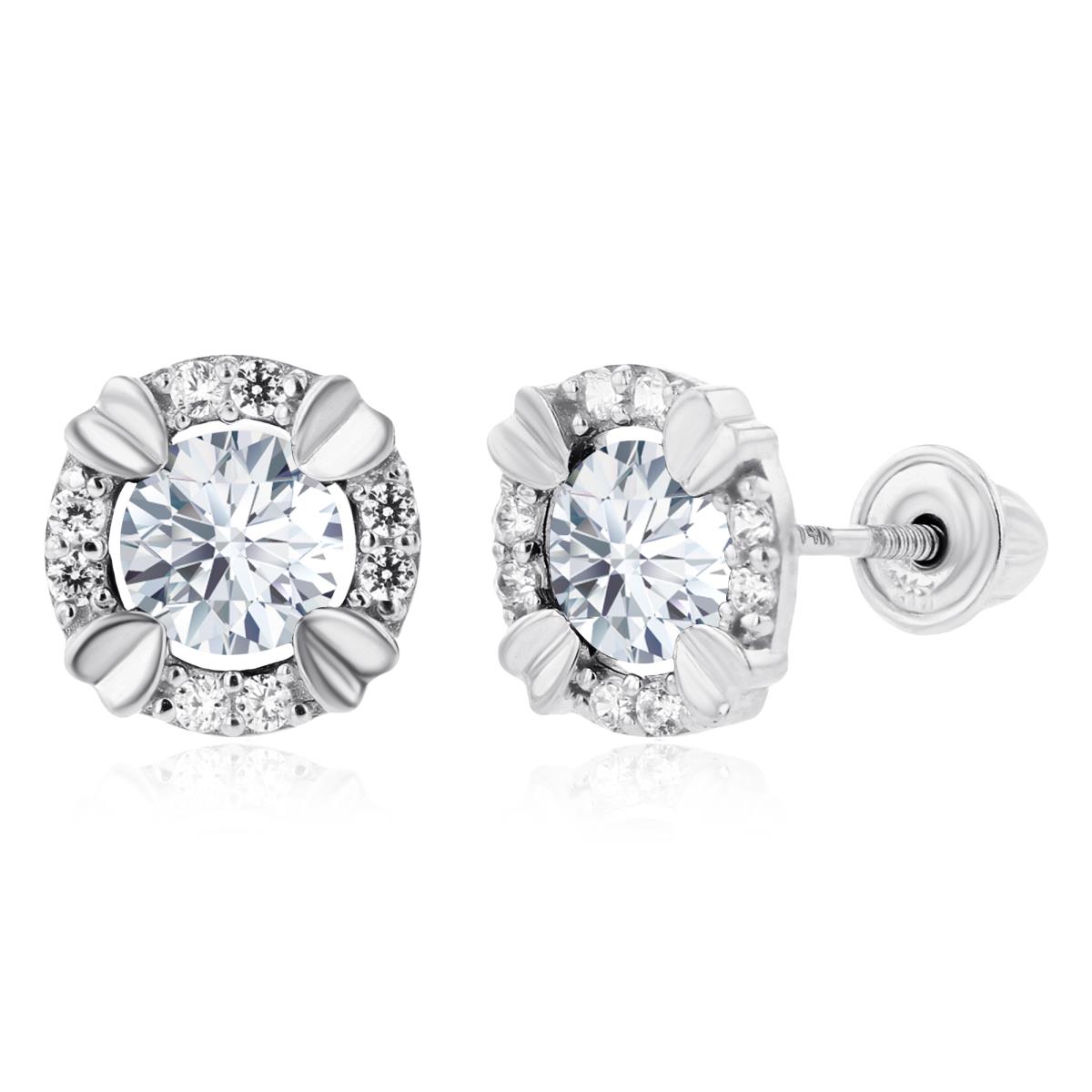 14K White Gold 4mm & 1mm Round Created White Sapphire Halo Screwback Earrings