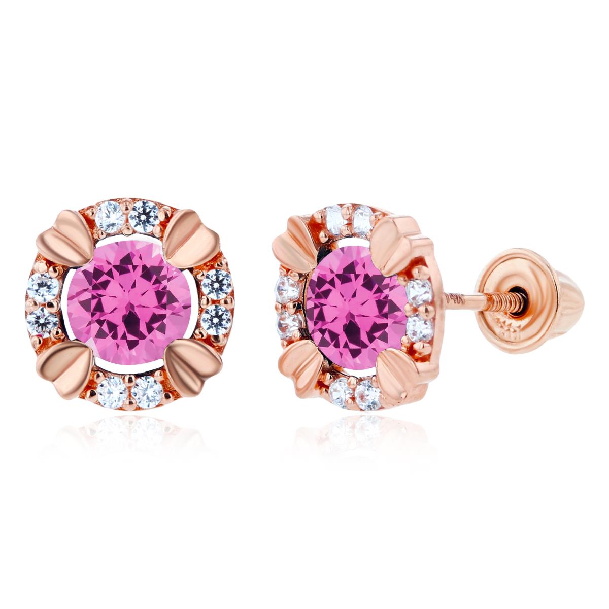 14K Rose Gold 4mm Round Created Pink Sapphire & 1mm Created White Sapphire Halo Screwback Earrings
