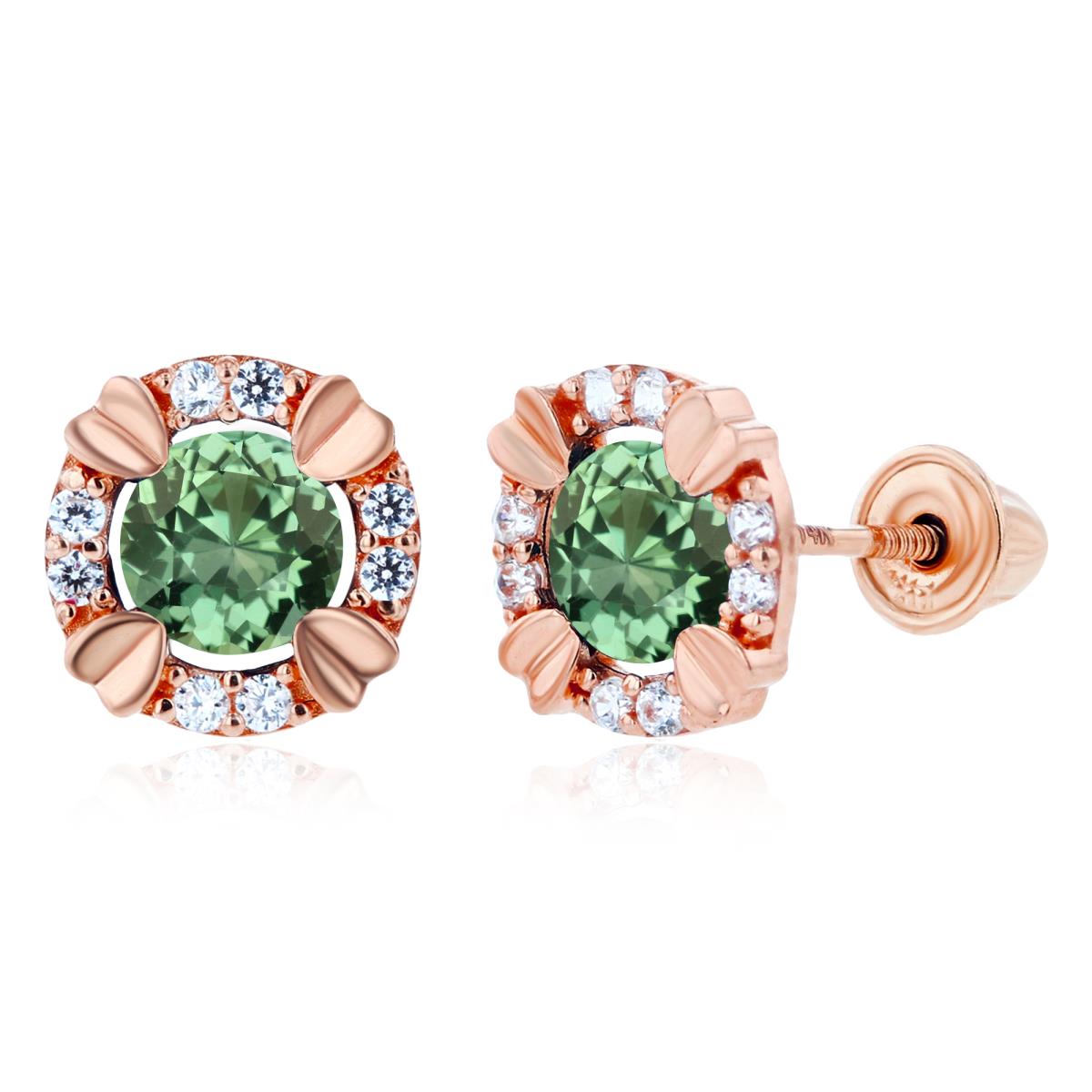 14K Rose Gold 4mm Round Created Green Sapphire & 1mm Created White Sapphire Halo Screwback Earrings