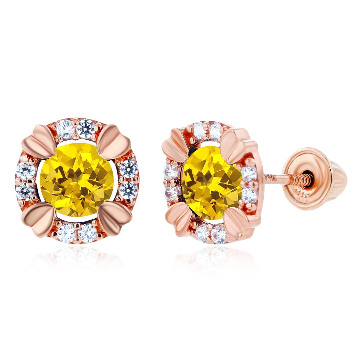 14K Rose Gold 4mm Round Created Yellow Sapphire & 1mm Created White Sapphire Halo Screwback Earrings