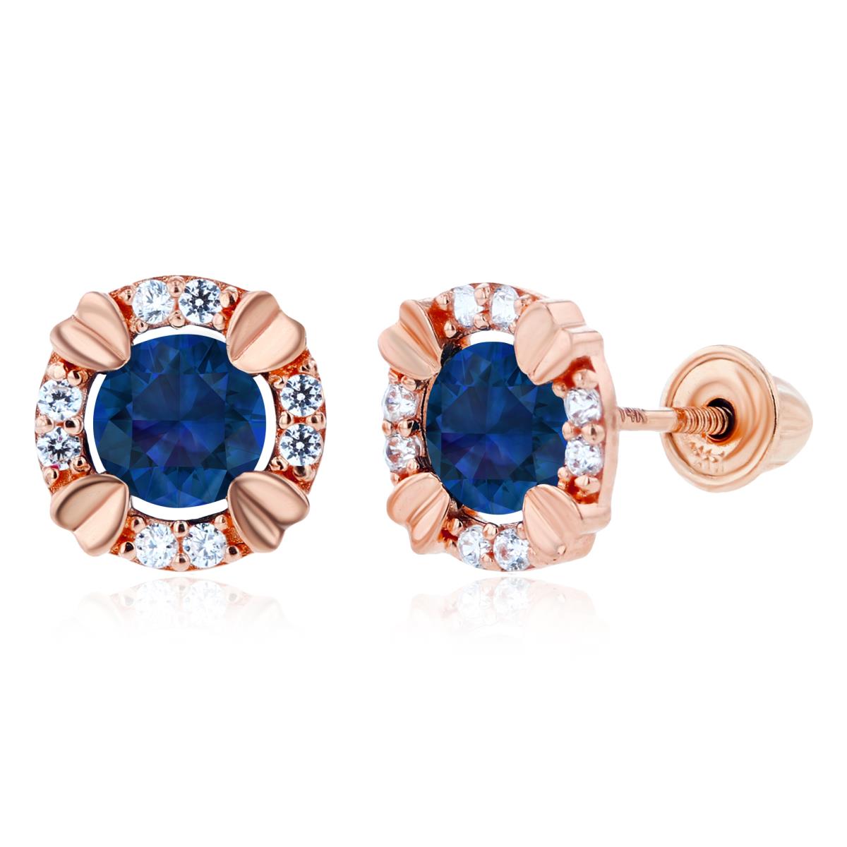 14K Rose Gold 4mm Round Created Blue Sapphire & 1mm Created White Sapphire Halo Screwback Earrings