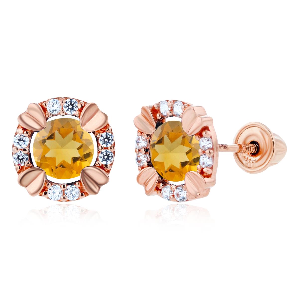 14K Rose Gold 4mm Round Citrine & 1mm Created White Sapphire Halo Screwback Earrings