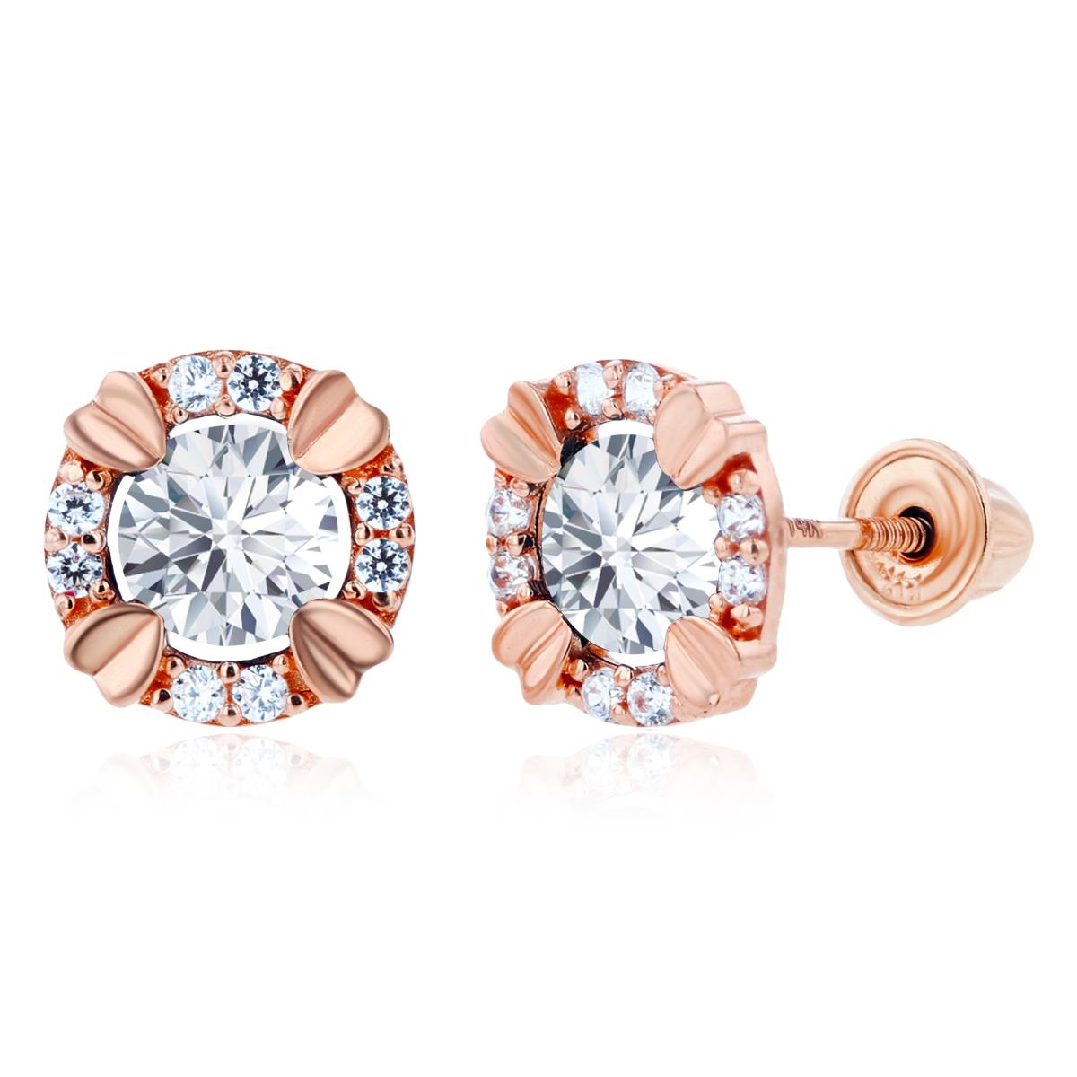 14K Rose Gold 4mm & 1mm Round Created White Sapphire Halo Screwback Earrings