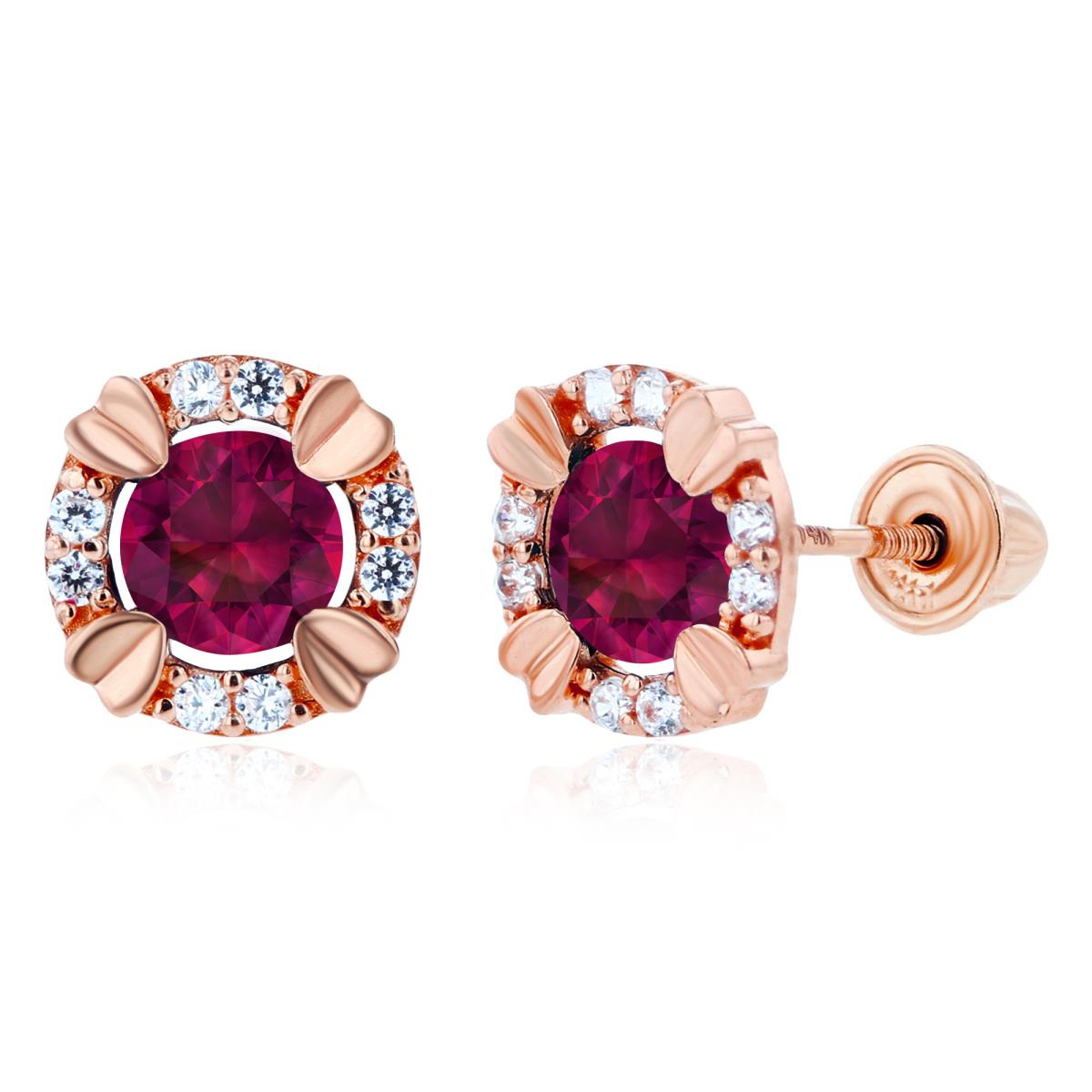 14K Rose Gold 4mm Round Created Ruby & 1mm Created White Sapphire Halo Screwback Earrings