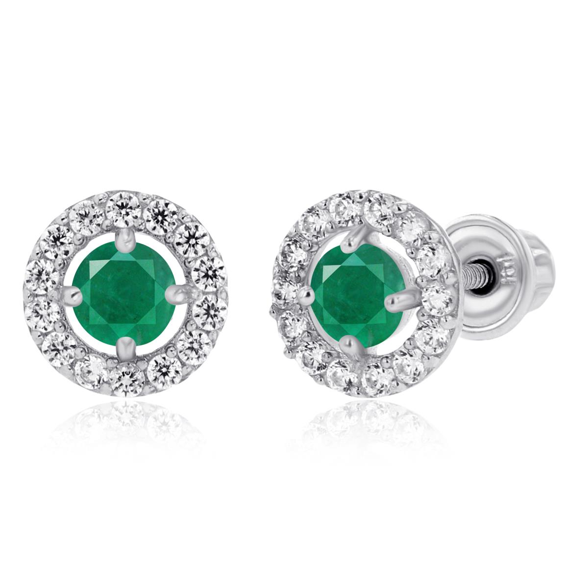14K White Gold 3mm Emerald & 1mm Created White Sapphire Halo Screwback Earrings