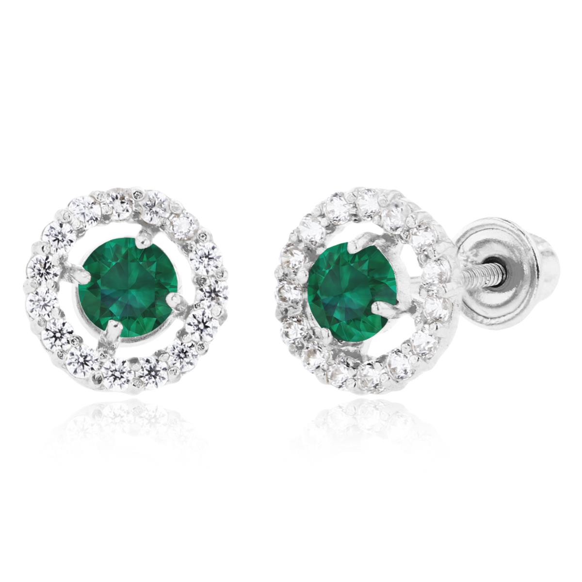 14K White Gold 3mm Created Emerald & 1mm Created White Sapphire Halo Screwback Earrings
