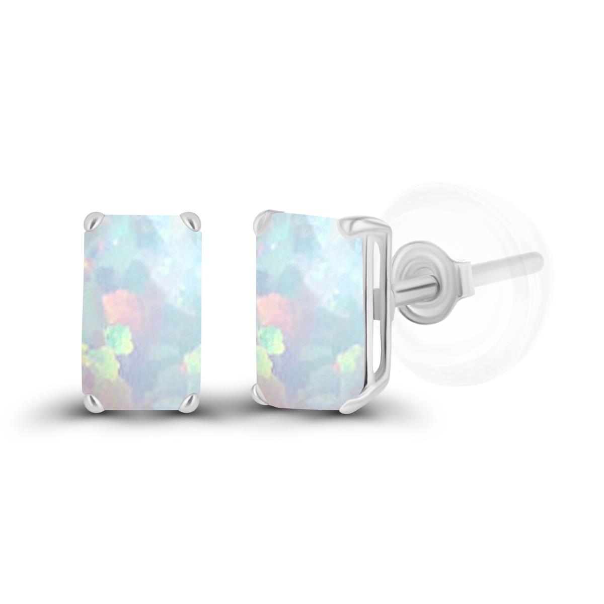 14K White Gold 5x3mm Octagon Created Emerald Opal Basket Stud Earrings with Silicone Backs