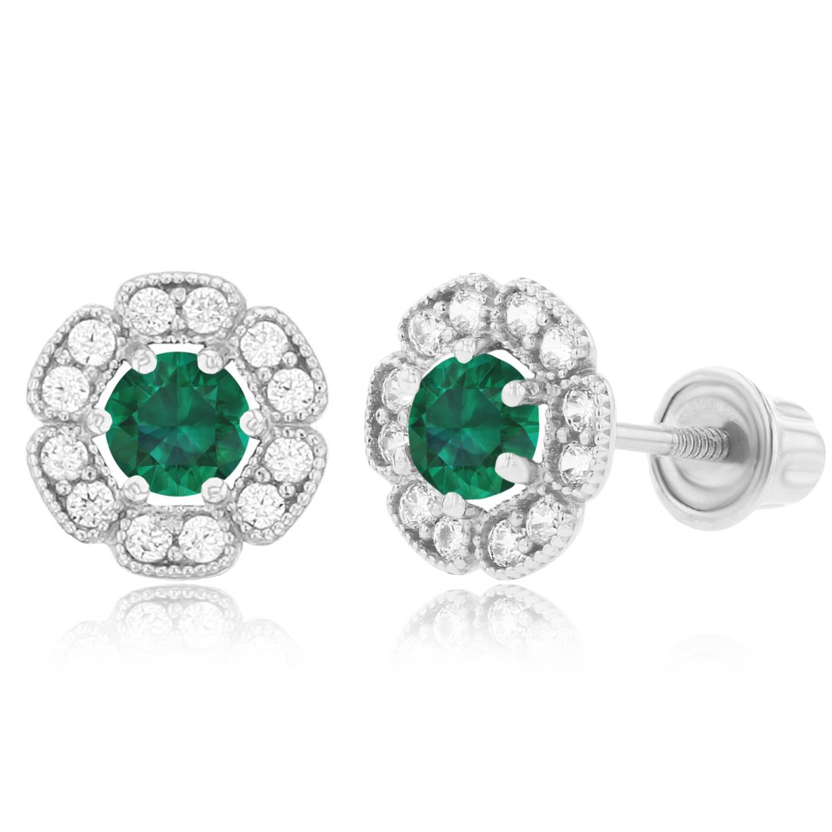 14K White Gold 3mm Created Emerald & 1mm Created White Sapphire Flower Screwback Earrings