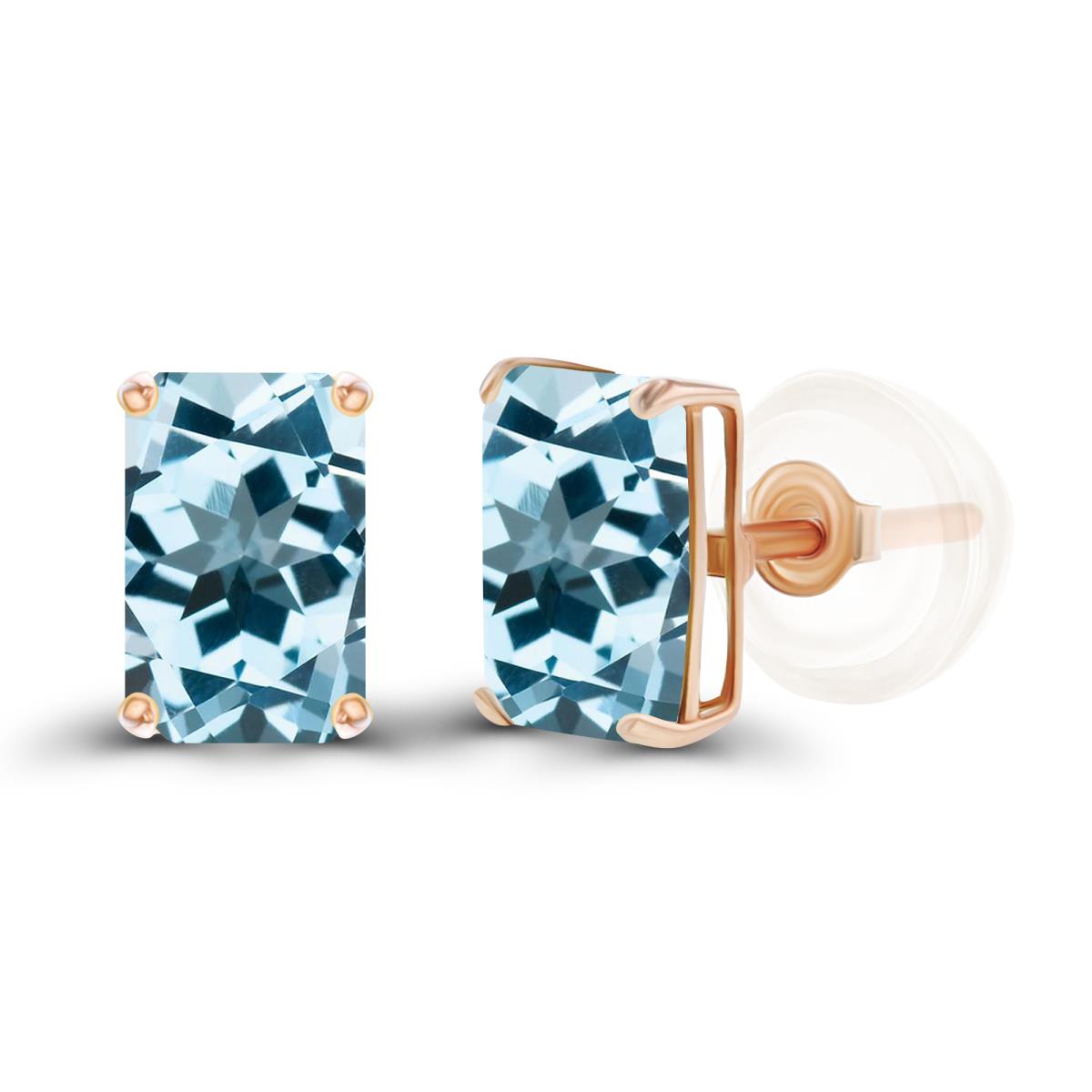 14K Rose Gold 6x4mm Octagon Sky Blue Topaz Basket Stud Earrings with Silicone Backs