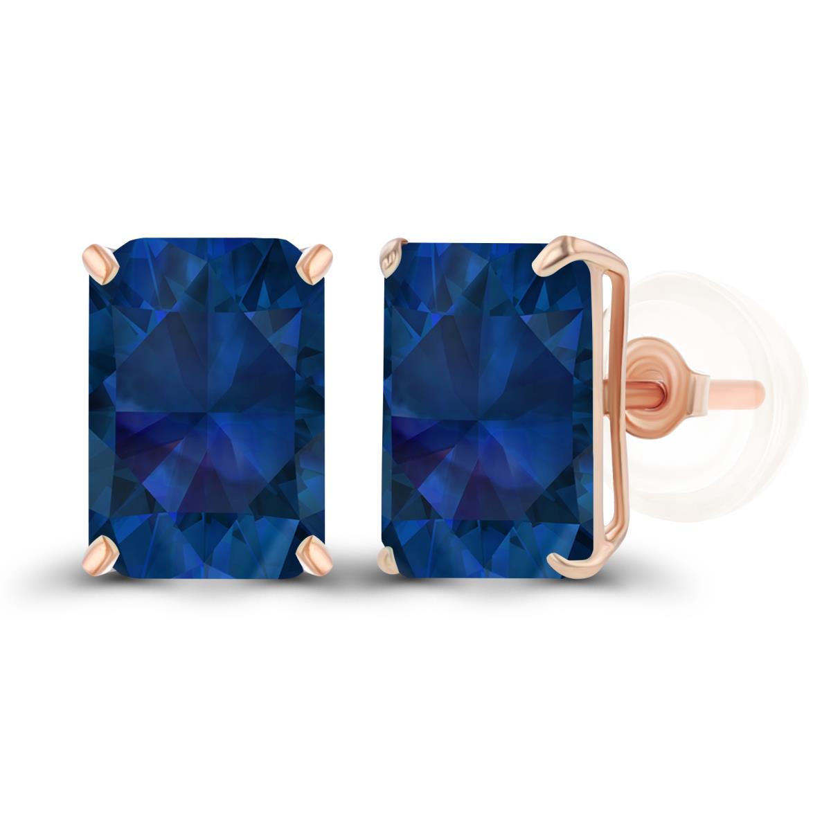 14K Rose Gold 7x5mm Octagon Created Blue Sapphire Basket Stud Earrings with Silicone Backs