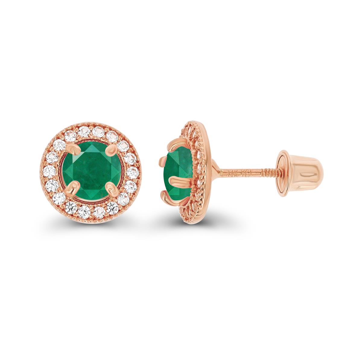 14K Rose Gold 4.5mm Emerald & 1mm Created White Sapphire Milgrain Halo Screwback Earrings