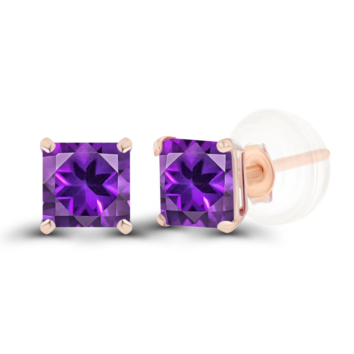 14K Rose Gold 4mm Square Amethyst Basket Stud Earrings with Silicone Back