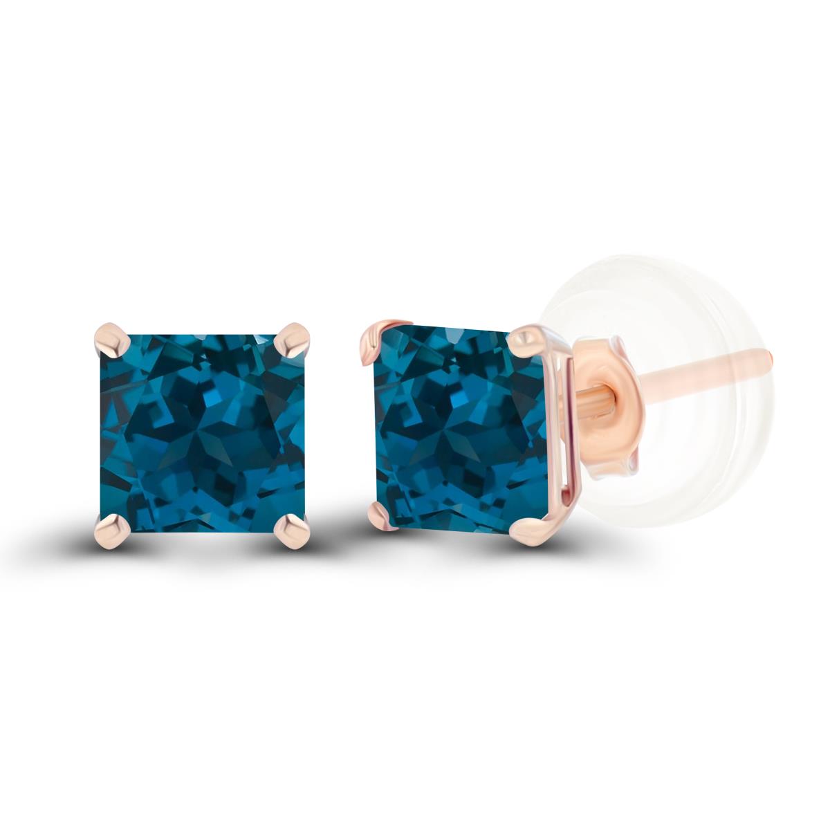 14K Rose Gold 4mm Square London Blue Topaz Basket Stud Earrings with Silicone Back