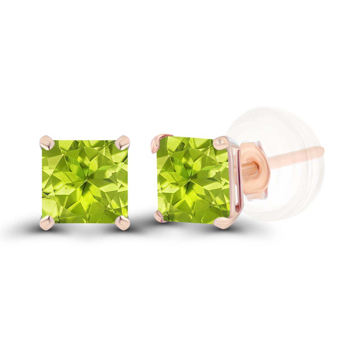 14K Rose Gold 4mm Square Peridot Basket Stud Earrings with Silicone Back