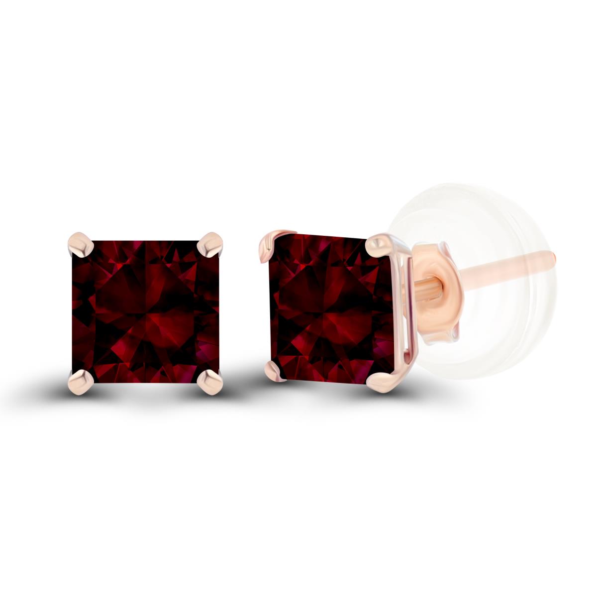 14K Rose Gold 4mm Square Garnet Basket Stud Earrings with Silicone Back