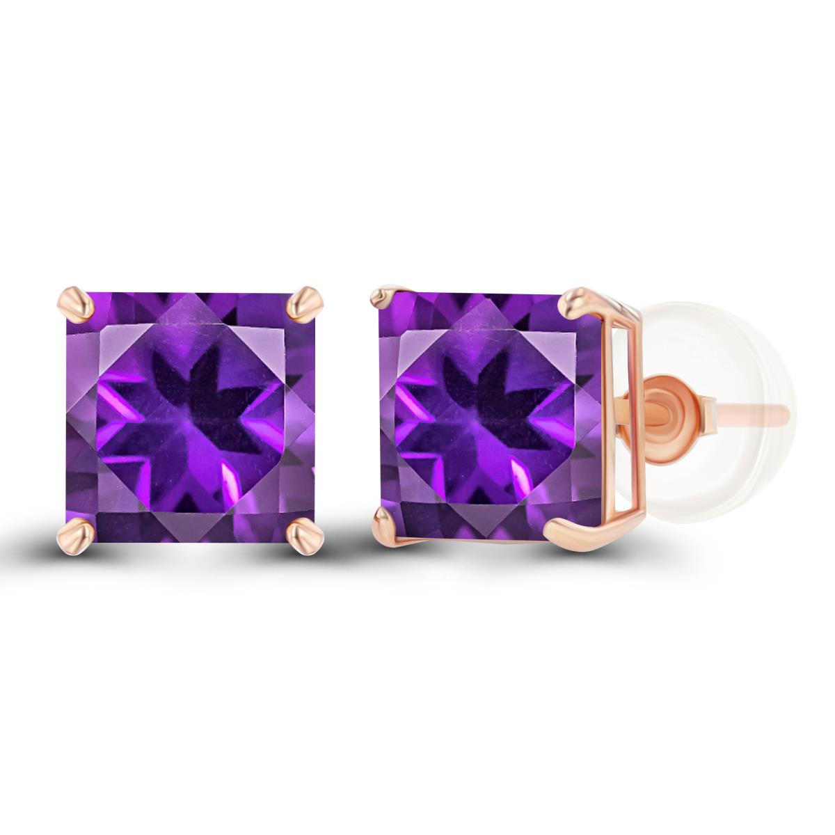 14K Rose Gold 6mm Square Amethyst Basket Stud Earring with Silicone Back