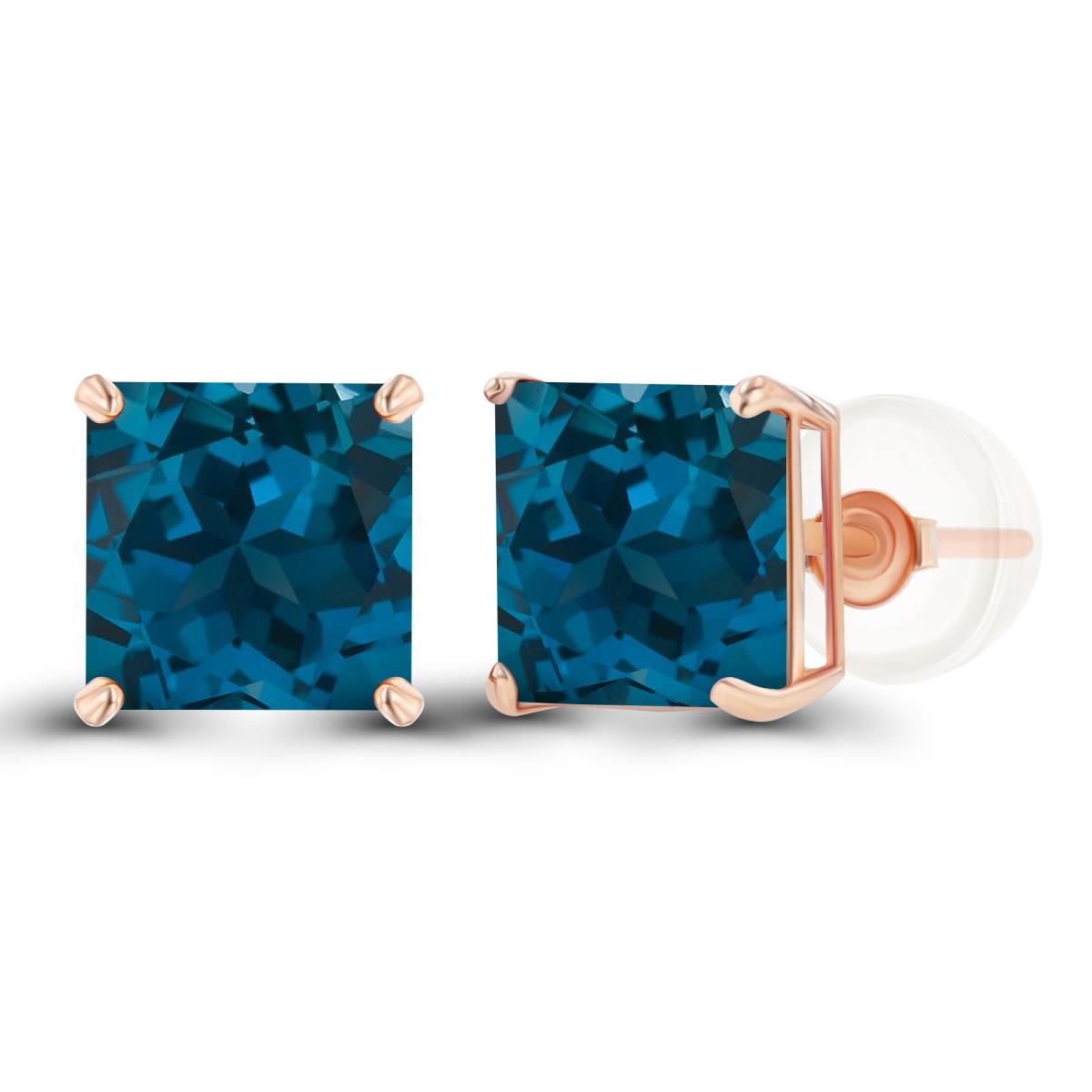14K Rose Gold 6mm Square London Blue Topaz Basket Stud Earring with Silicone Back