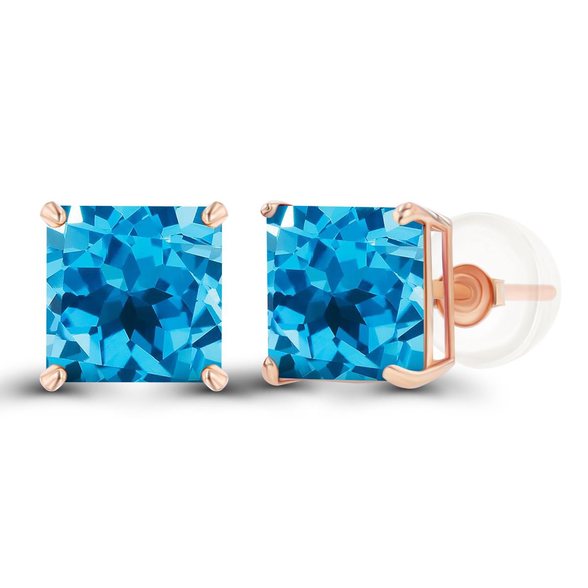 14K Rose Gold 6mm Square Swiss Blue Topaz Basket Stud Earring with Silicone Back
