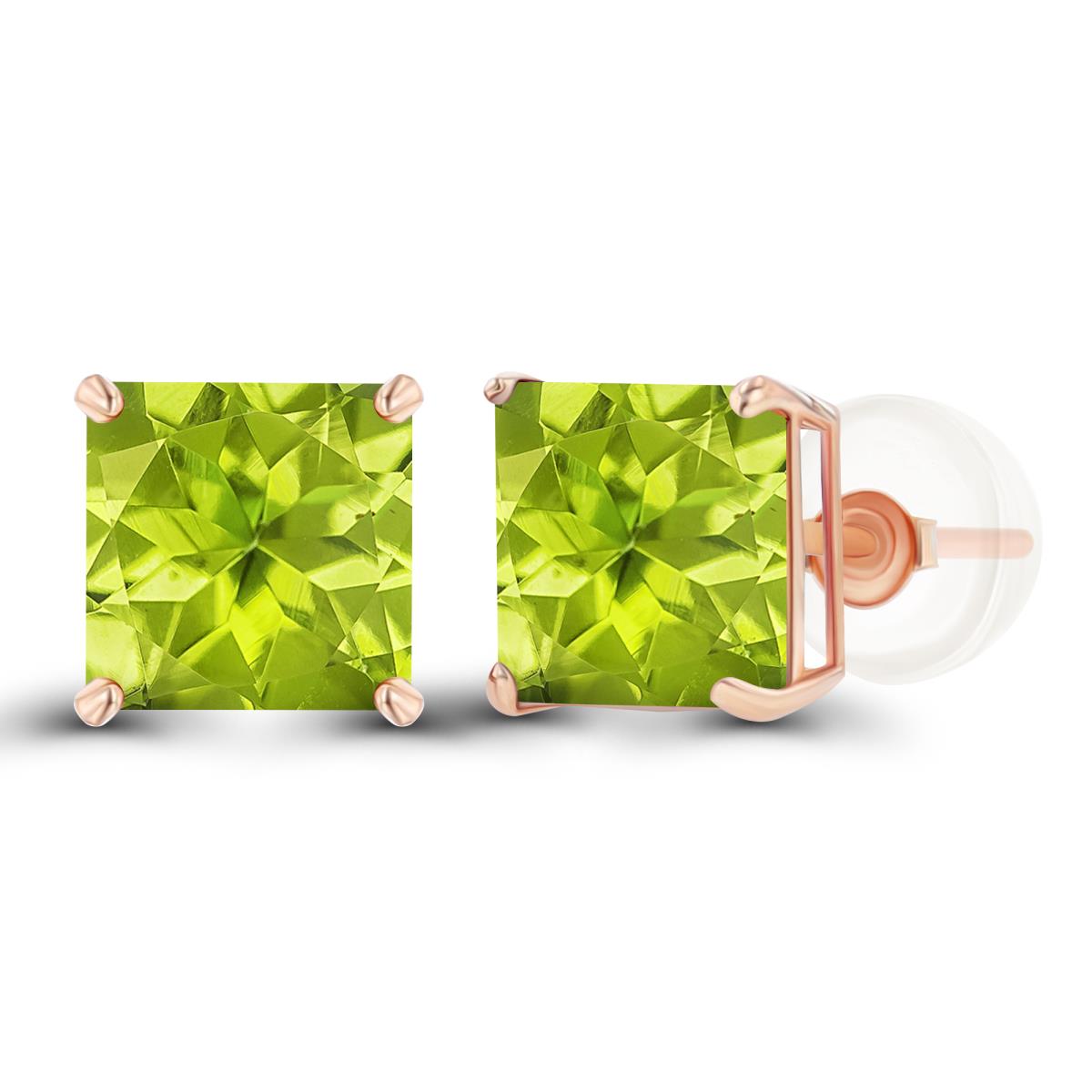 14K Rose Gold 6mm Square Peridot Basket Stud Earring with Silicone Back