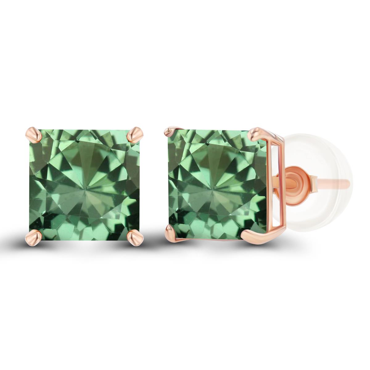 14K Rose Gold 6mm Square Created Green Sapphire Basket Stud Earring with Silicone Back