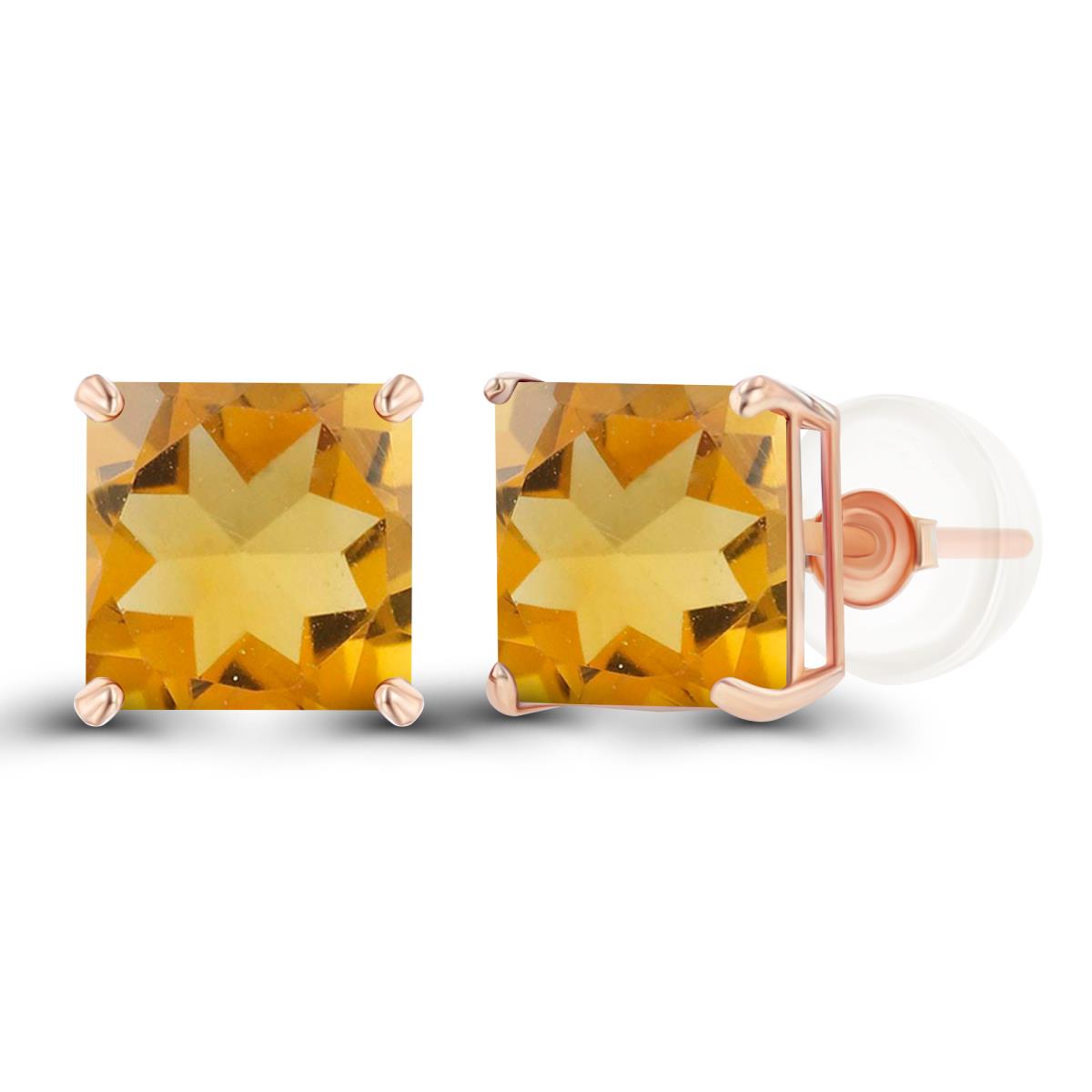 14K Rose Gold 6mm Square Citrine Basket Stud Earring with Silicone Back