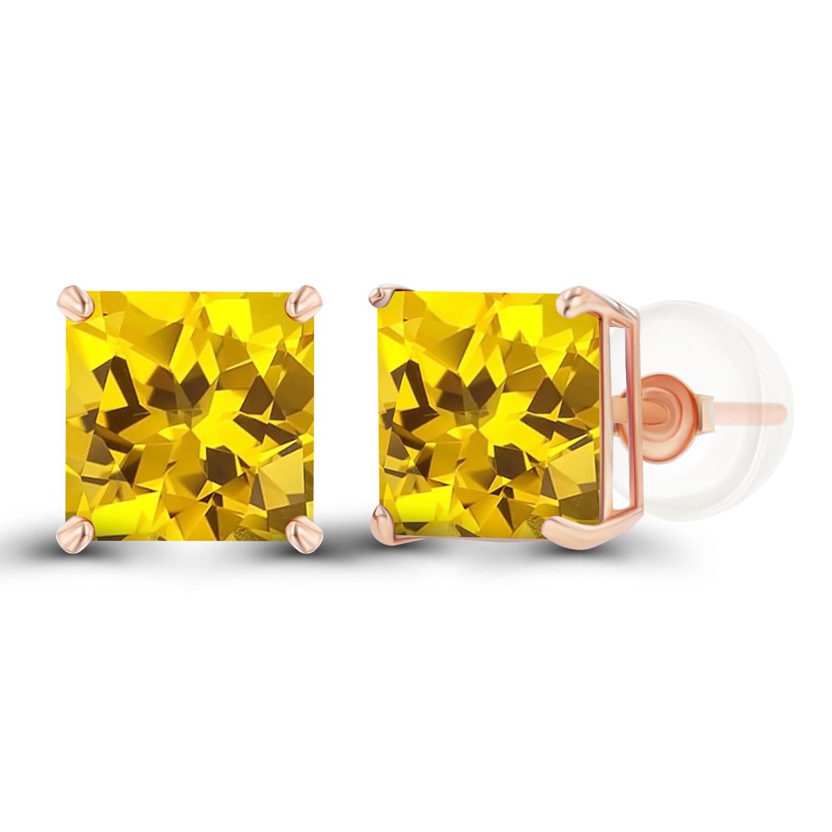 14K Rose Gold 6mm Square Created Yellow Sapphire Basket Stud Earring with Silicone Back