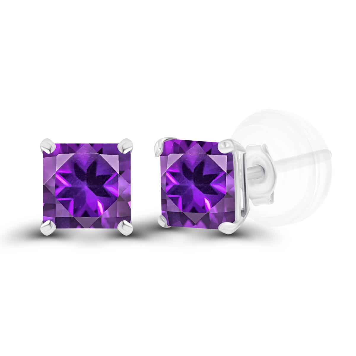 Sterling Silver Rhodium 4mm Square Amethyst Basket Stud Earrings with Silicone Back