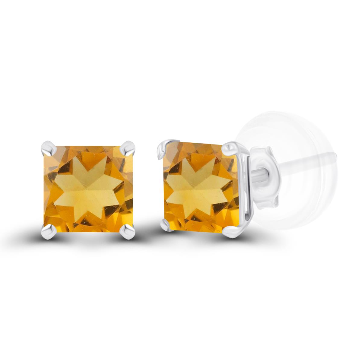 Sterling Silver Rhodium 4mm Square Citrine Basket Stud Earrings with Silicone Back