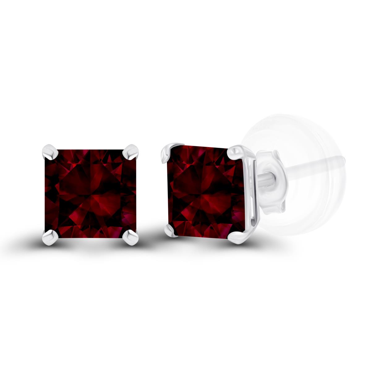 Sterling Silver Rhodium 4mm Square Garnet Basket Stud Earrings with Silicone Back