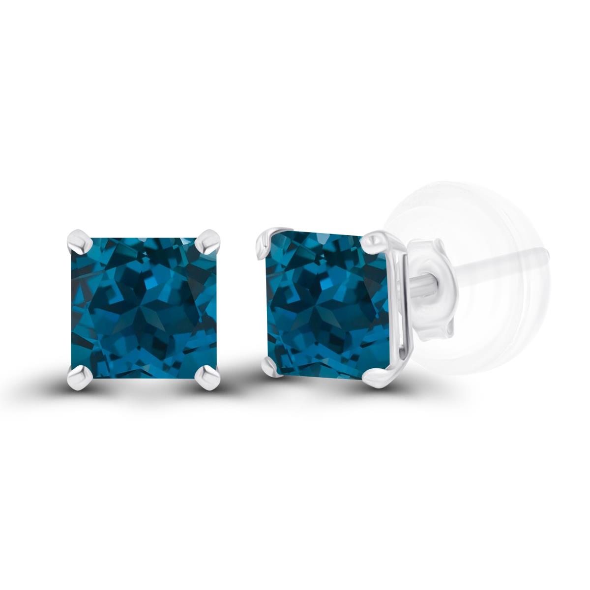 Sterling Silver Rhodium 4mm Square London Blue Topaz Basket Stud Earrings with Silicone Back