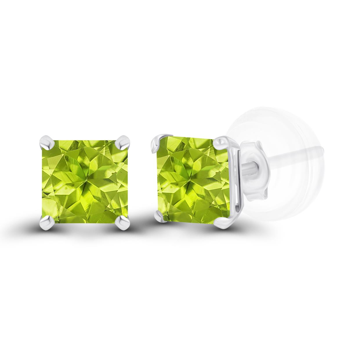 Sterling Silver Rhodium 4mm Square Peridot Basket Stud Earrings with Silicone Back