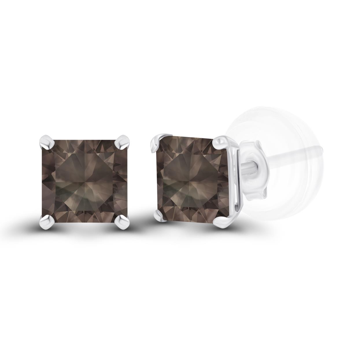 Sterling Silver Rhodium 4mm Square Smokey Quartz Basket Stud Earrings with Silicone Back