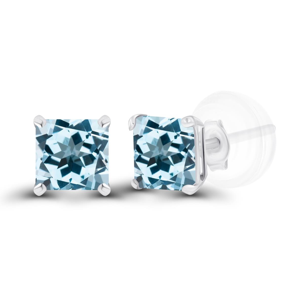Sterling Silver Rhodium 4mm Square Sky Blue Topaz Basket Stud Earrings with Silicone Back