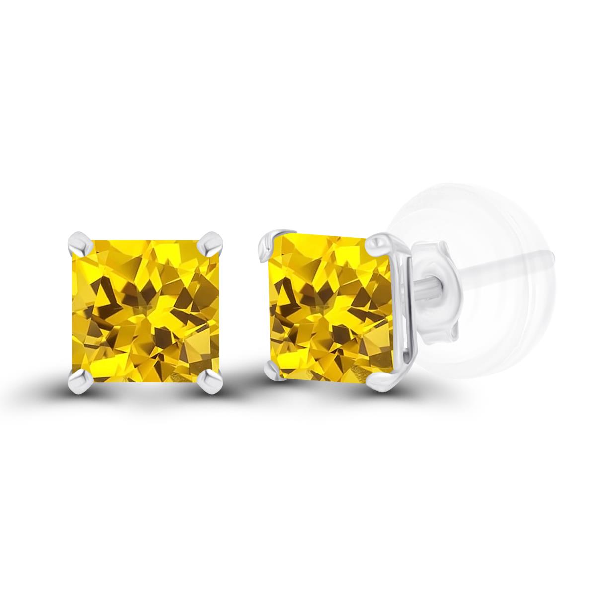 Sterling Silver Rhodium 4mm Square Created Yellow Sapphire Basket Stud Earrings with Silicone Back
