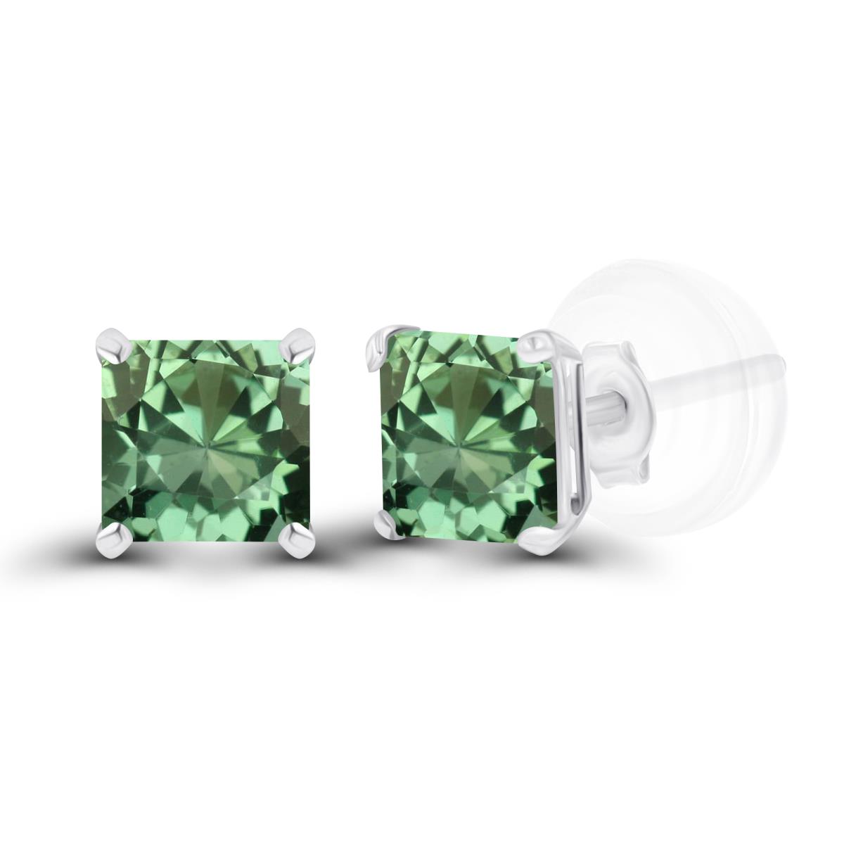 Sterling Silver Rhodium 4mm Square Created Green Sapphire Basket Stud Earrings with Silicone Back