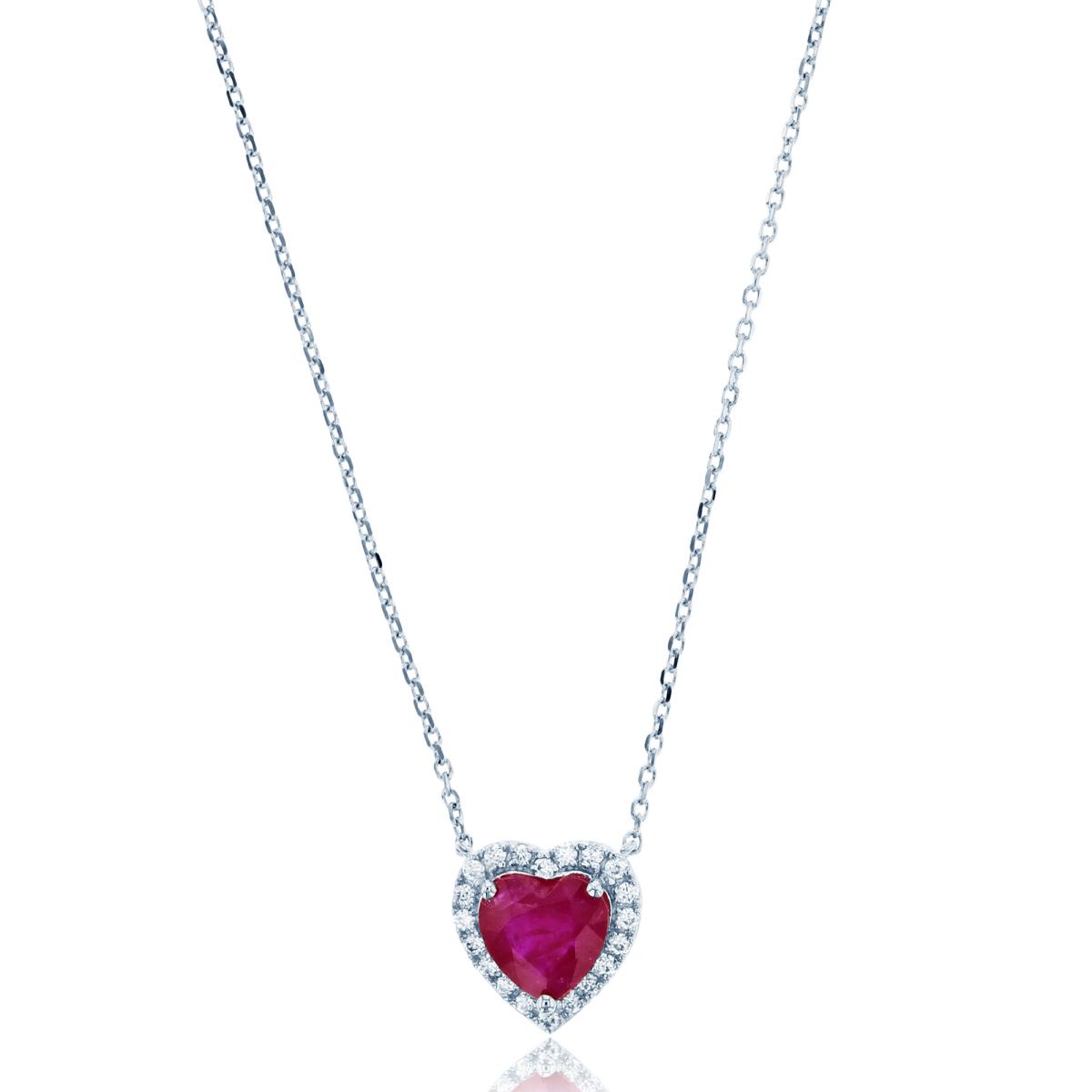 14K White Gold 0.10cttw Rnd Diamonds & 6mm HS Ruby Heart 16"+1"+1"Necklace
