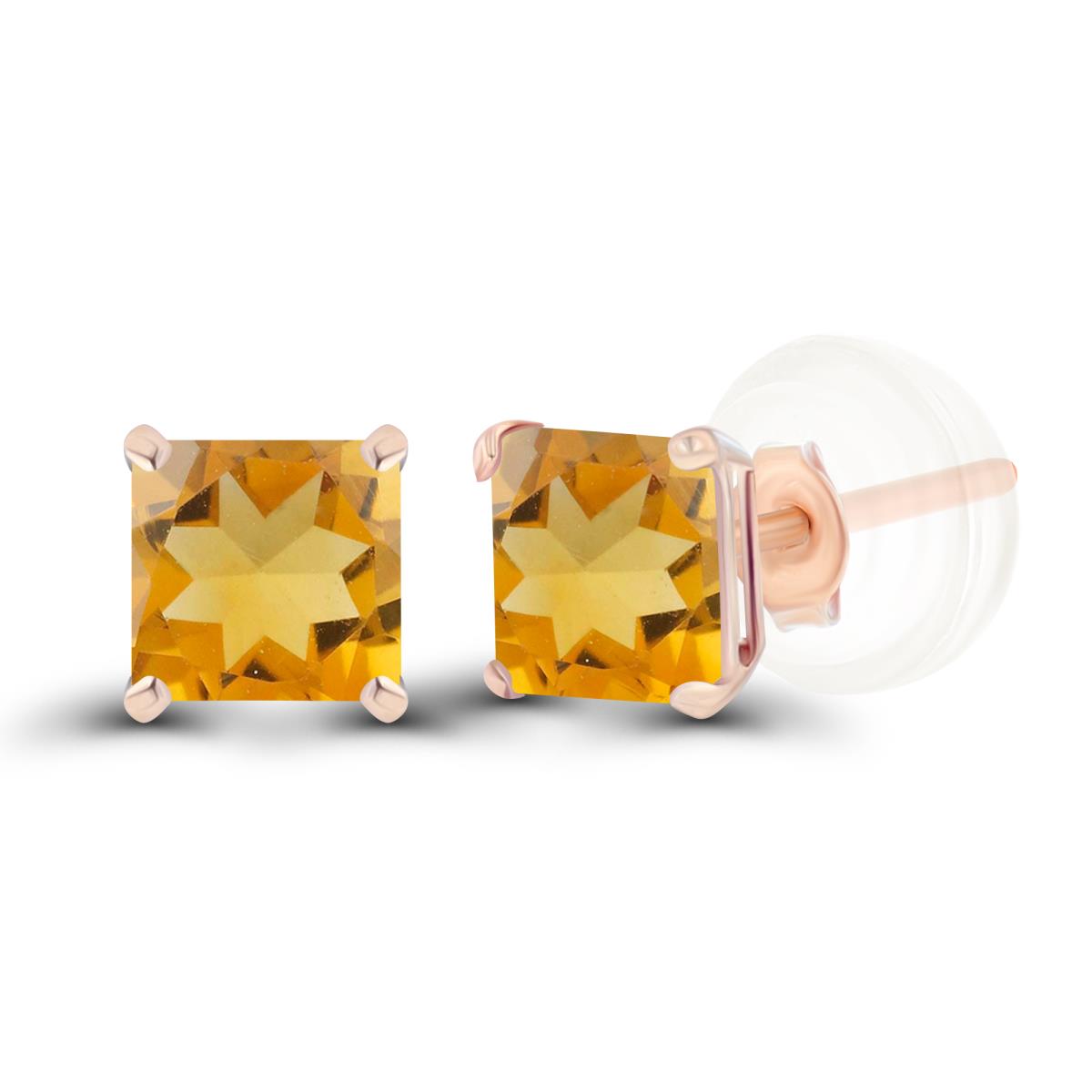 Sterling Silver Rose 4mm Square Citrine Basket Stud Earrings with Silicone Back