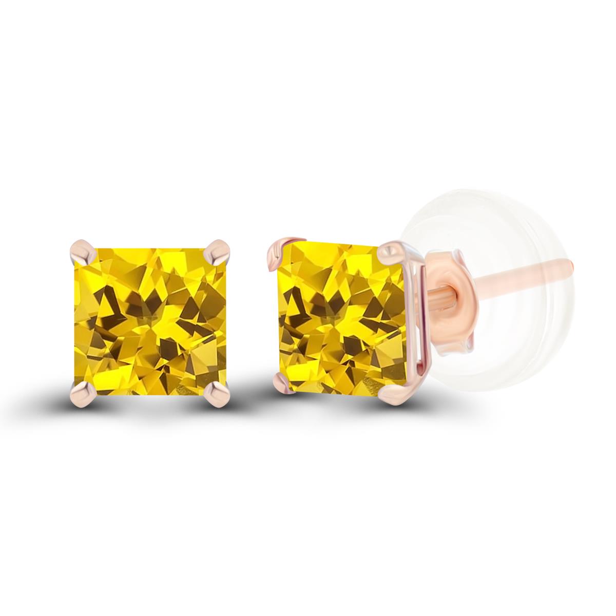 Sterling Silver Rose 4mm Square Created Yellow Sapphire Basket Stud Earrings with Silicone Back