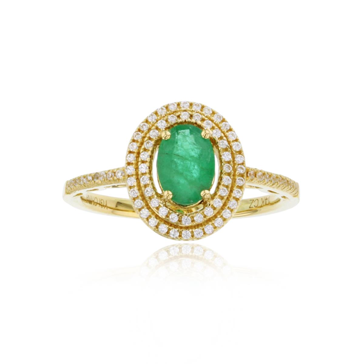 14K Yellow Gold 0.22cttw Rnd Diamonds & 7x5mm Ov Emerald Double Halo Ring