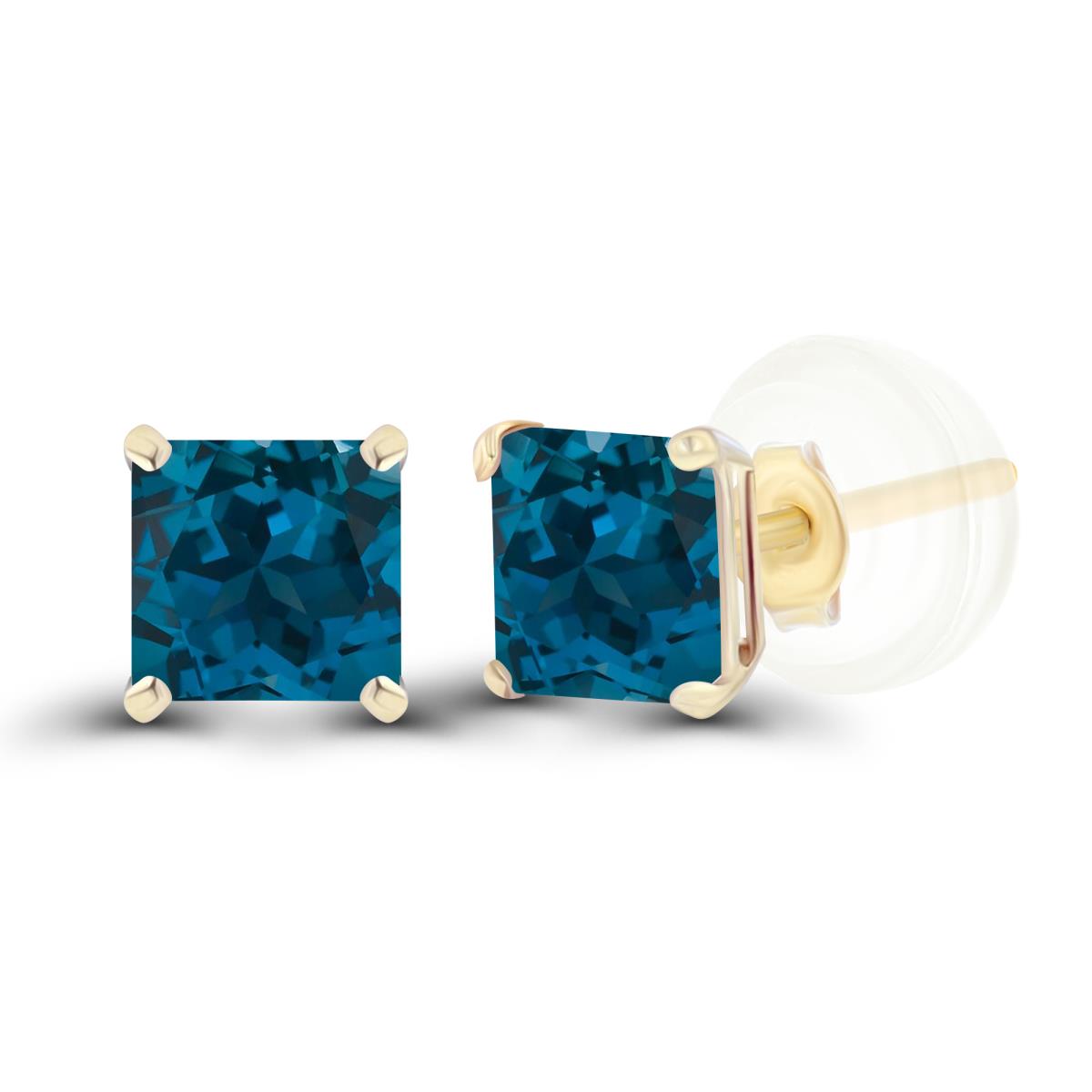 Sterling Silver Yellow 4mm Square London Blue Topaz Basket Stud Earrings with Silicone Back