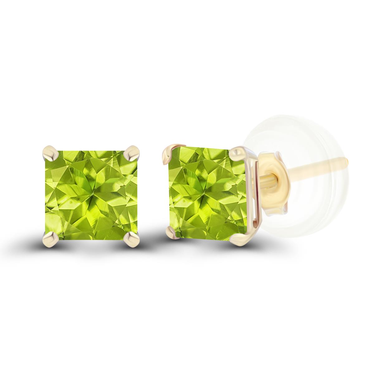 Sterling Silver Yellow 4mm Square Peridot Basket Stud Earrings with Silicone Back