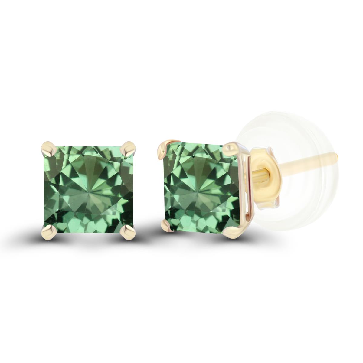 Sterling Silver Yellow 4mm Square Created Green Sapphire Basket Stud Earrings with Silicone Back