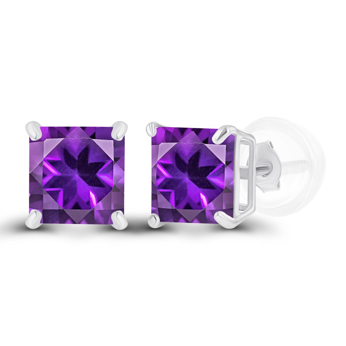 Sterling Silver Rhodium 5mm Square Amethyst Basket Stud Earrings with Silicone Back