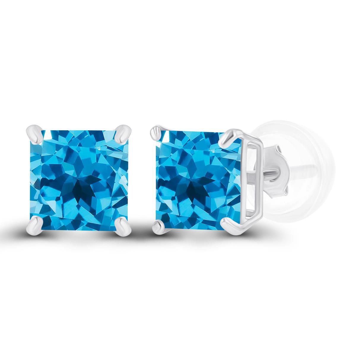 Sterling Silver Rhodium 5mm Square Swiss Blue Topaz Basket Stud Earrings with Silicone Back