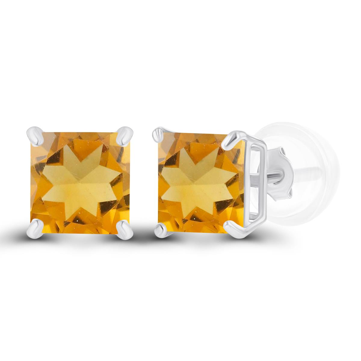 Sterling Silver Rhodium 5mm Square Citrine Basket Stud Earrings with Silicone Back