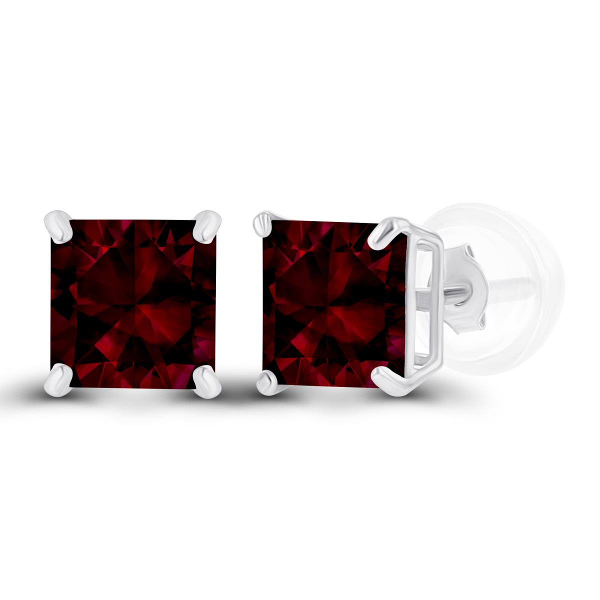 Sterling Silver Rhodium 5mm Square Garnet Basket Stud Earrings with Silicone Back