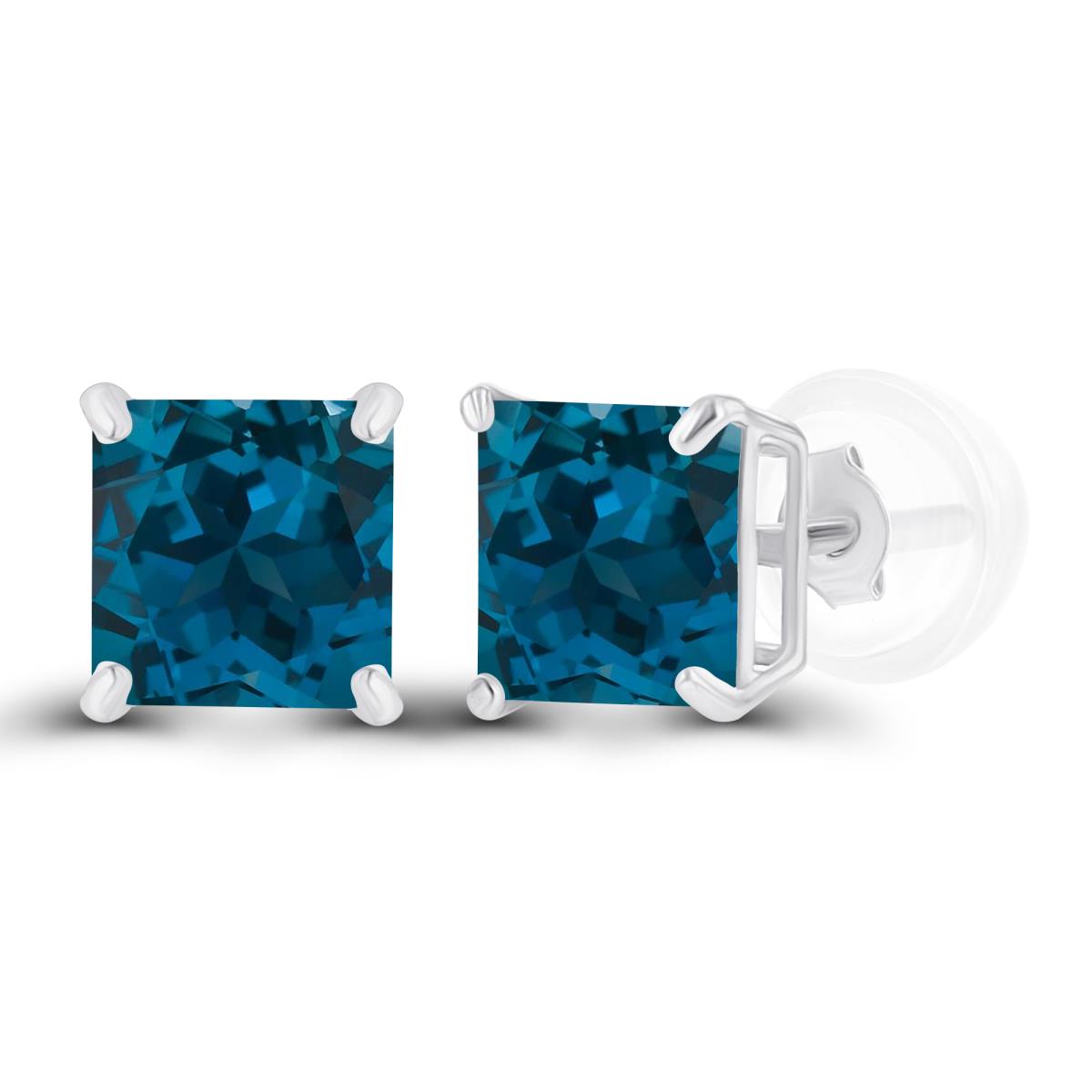 Sterling Silver Rhodium 5mm Square London Blue Topaz Basket Stud Earrings with Silicone Back