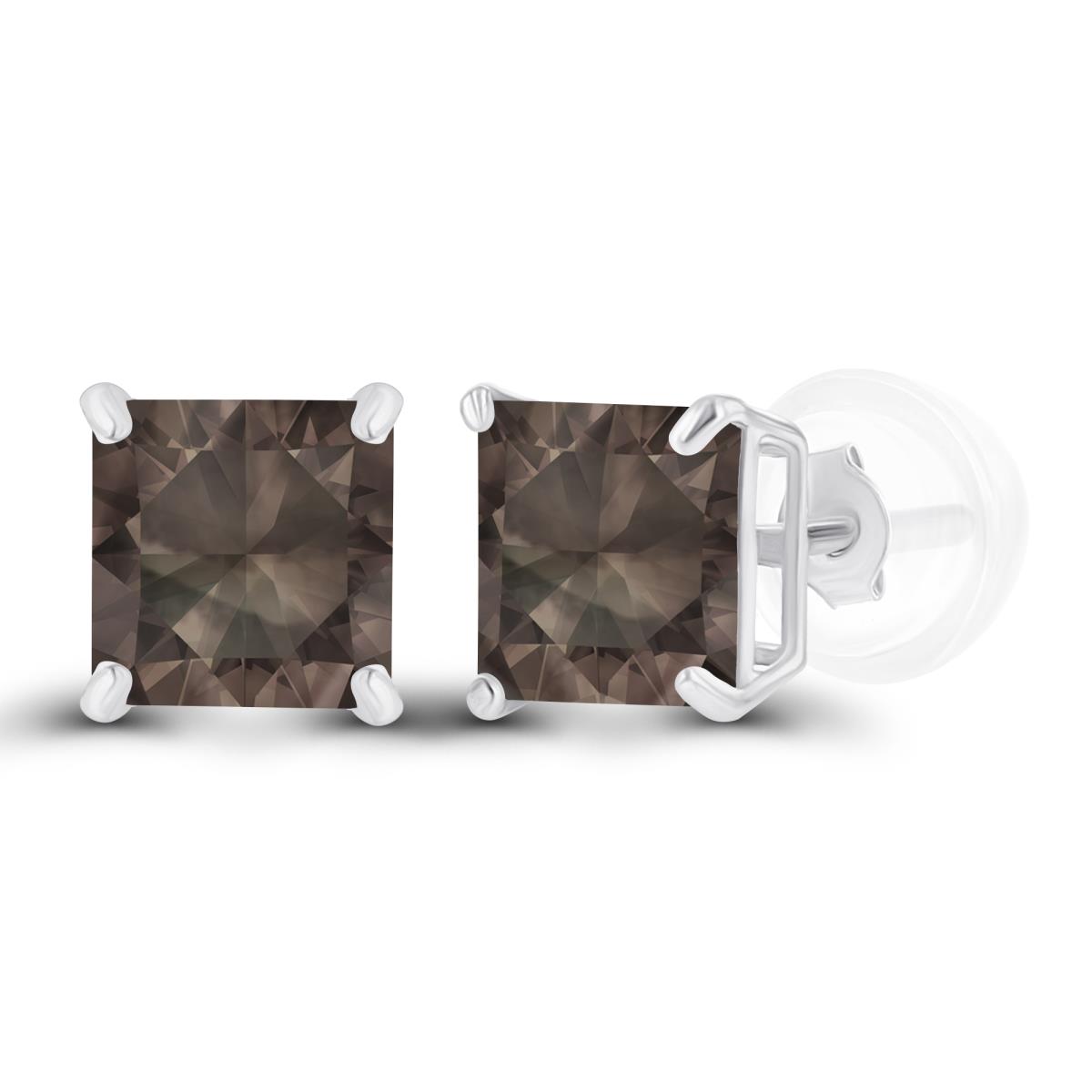 Sterling Silver Rhodium 5mm Square Smokey Quartz Basket Stud Earrings with Silicone Back