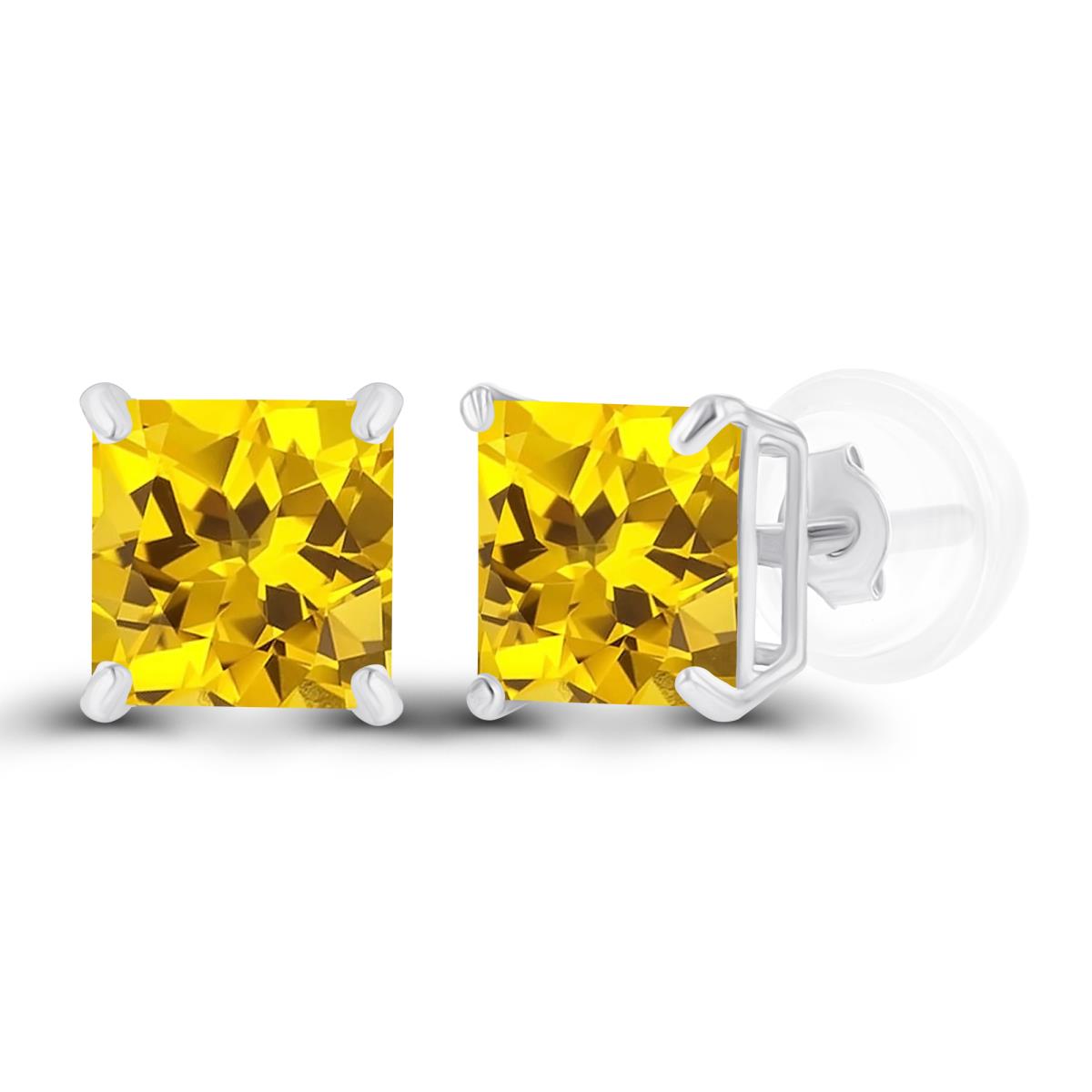 Sterling Silver Rhodium 5mm Square Created Yellow Sapphire Basket Stud Earrings with Silicone Back